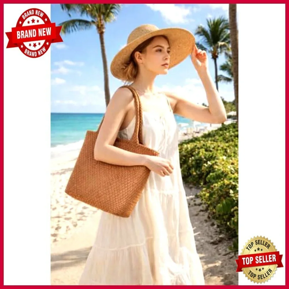 Large Woven Leather Tote Bag for Work Travel Beach Shoulder Handbag